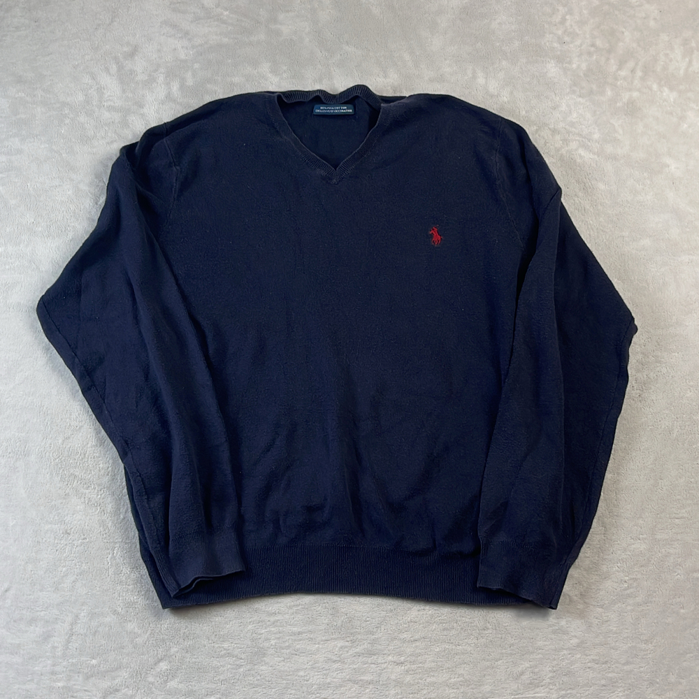 Ralph Lauren Men's Sweater Navy Blue Size XL Pima Cotton V-Neck Pullover Pony
